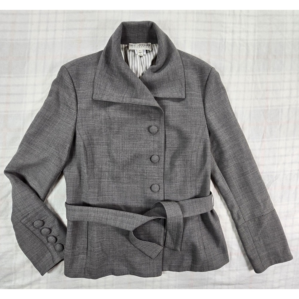 Vintage St. John Collection Womens 100% Wool Buttoned Jacket Belted Gray 12
